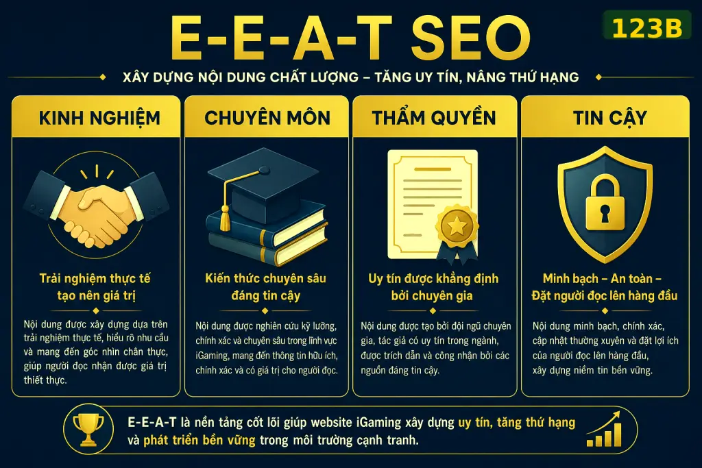 Infographic tiêu chí E-E-A-T Google 2026 cho nhà cái 123B Việt Nam