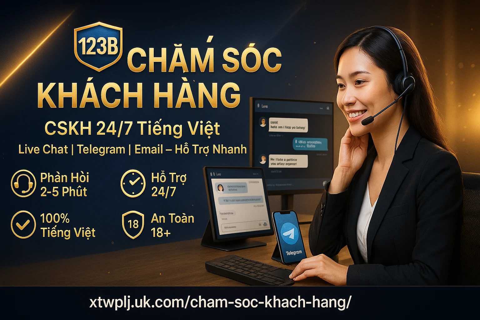Banner Chăm Sóc Khách Hàng 123B – CSKH 24/7 tiếng Việt tại nhà cái 123B 2026